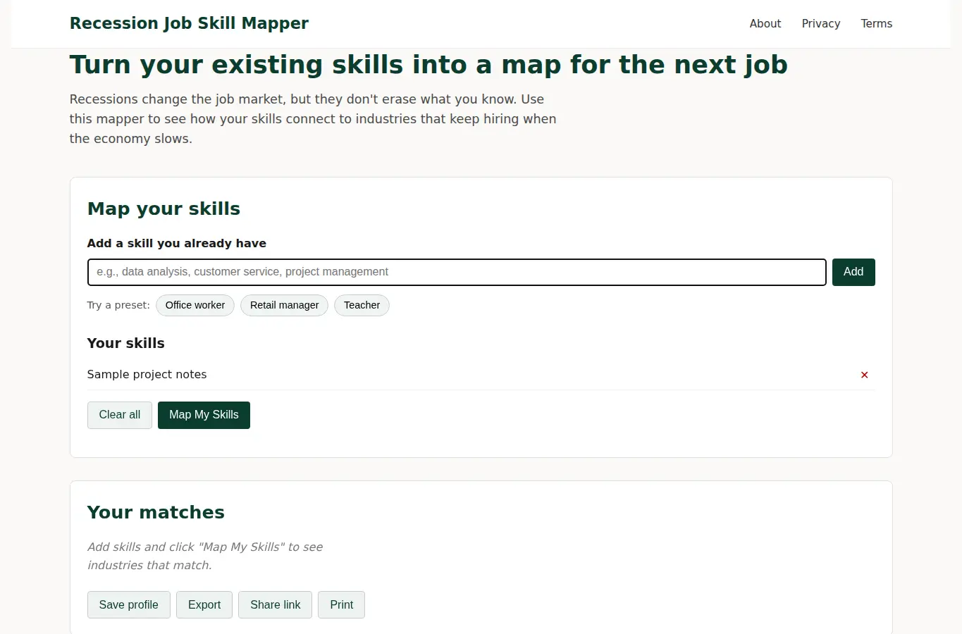 Screenshot of Recession Job Skill Mapper interface showing the project page in use